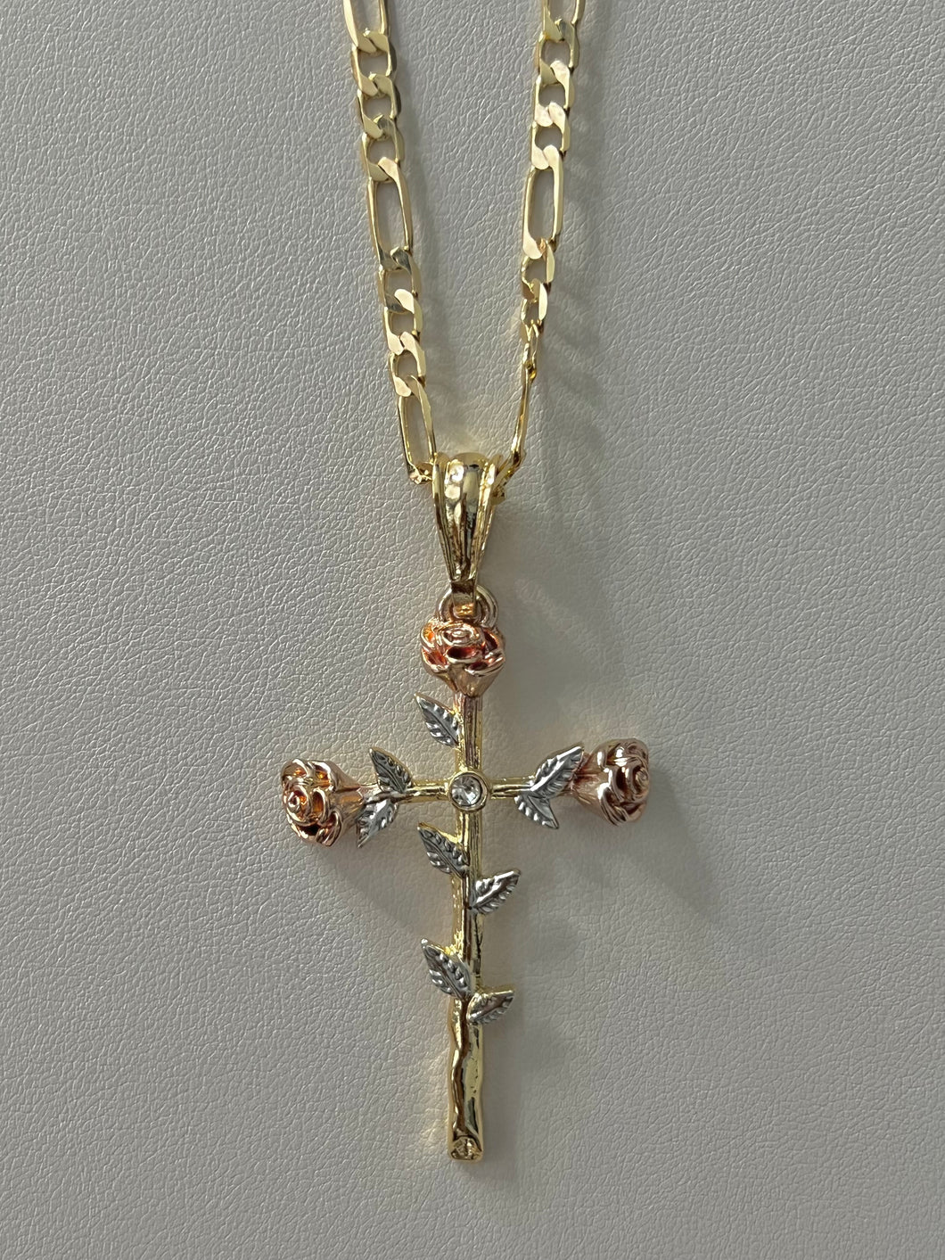 Tri-Colored Rose Cross Necklace