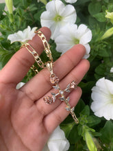 Load image into Gallery viewer, Tri-Colored Rose Cross Necklace
