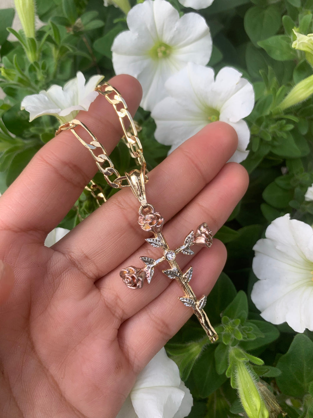 Tri-Colored Rose Cross Necklace